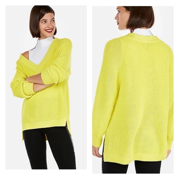THEORY Bright Neon Yellow V Neck Pullover Knit Slouchy Sweater Large NEW - Picture 1 of 6